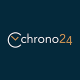 Chrono24 logo on dark blue background, featuring a circular clock outline forming the letter C, followed by the white word 'chrono' and gold '24'.